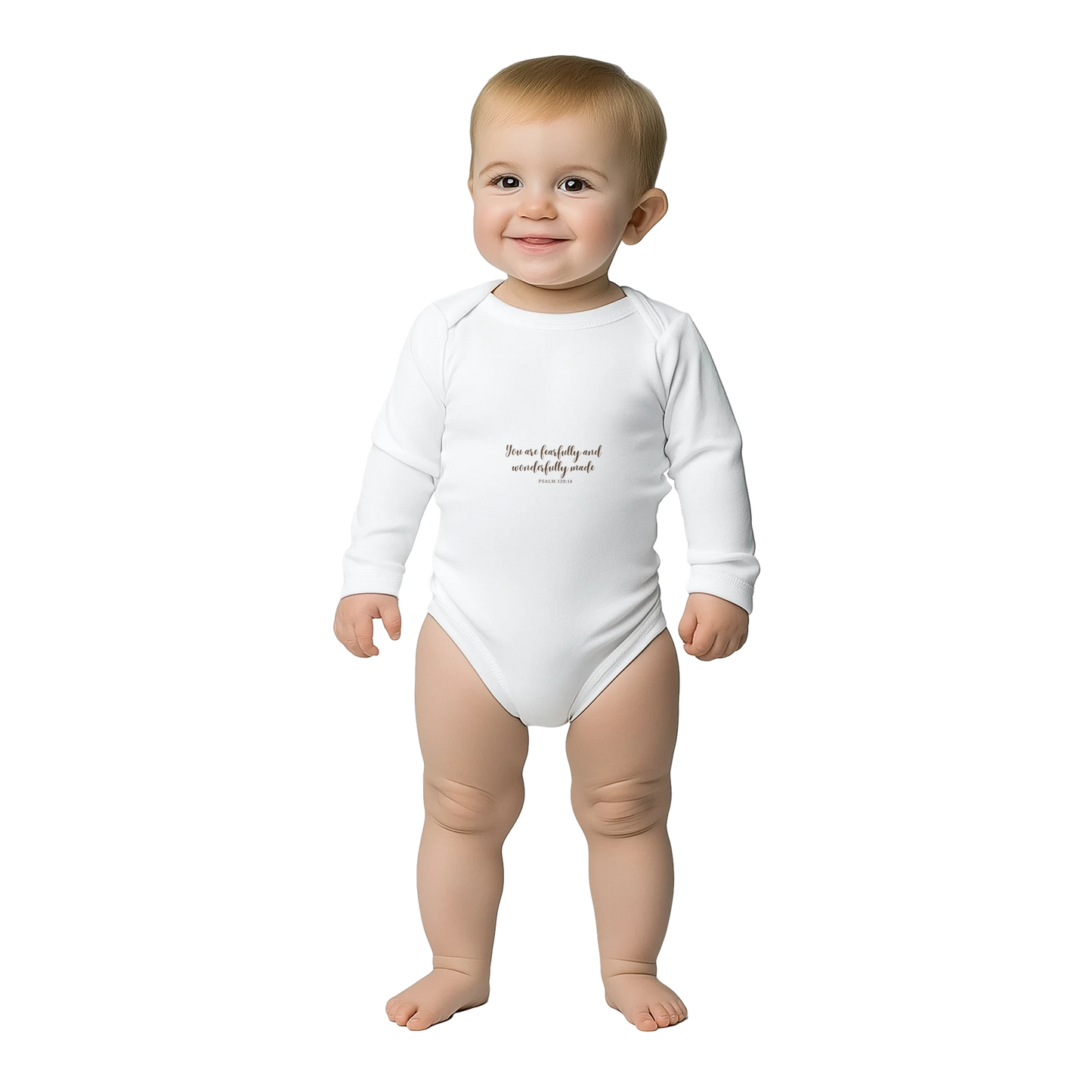 Psalm 139 : 14 Classic Baby Long Sleeve Bodysuit White 100% Cotton - MountZionGifts