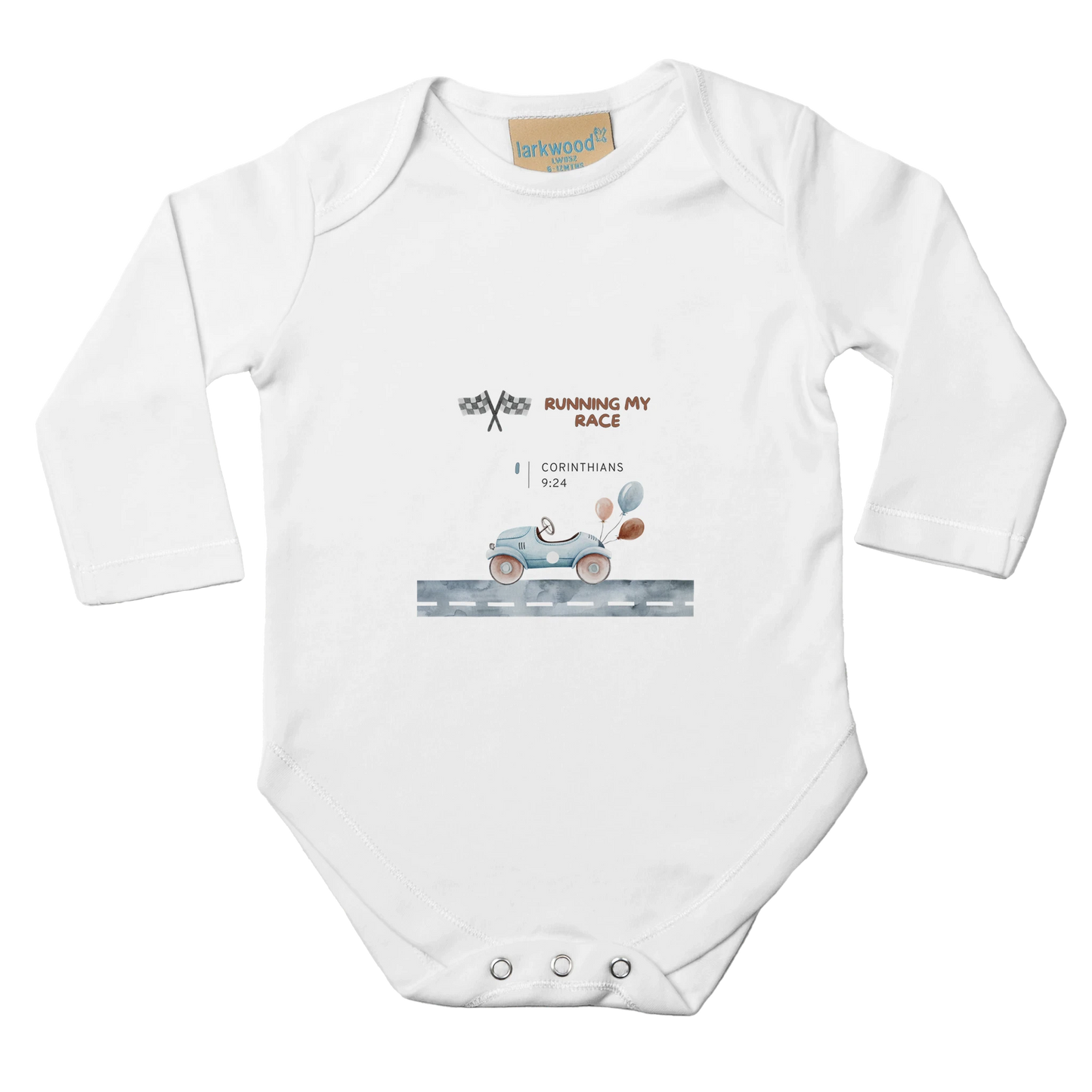 White Running My Race Classic Baby Long Sleeve Bodysuit 100% Cotton - MountZionGifts