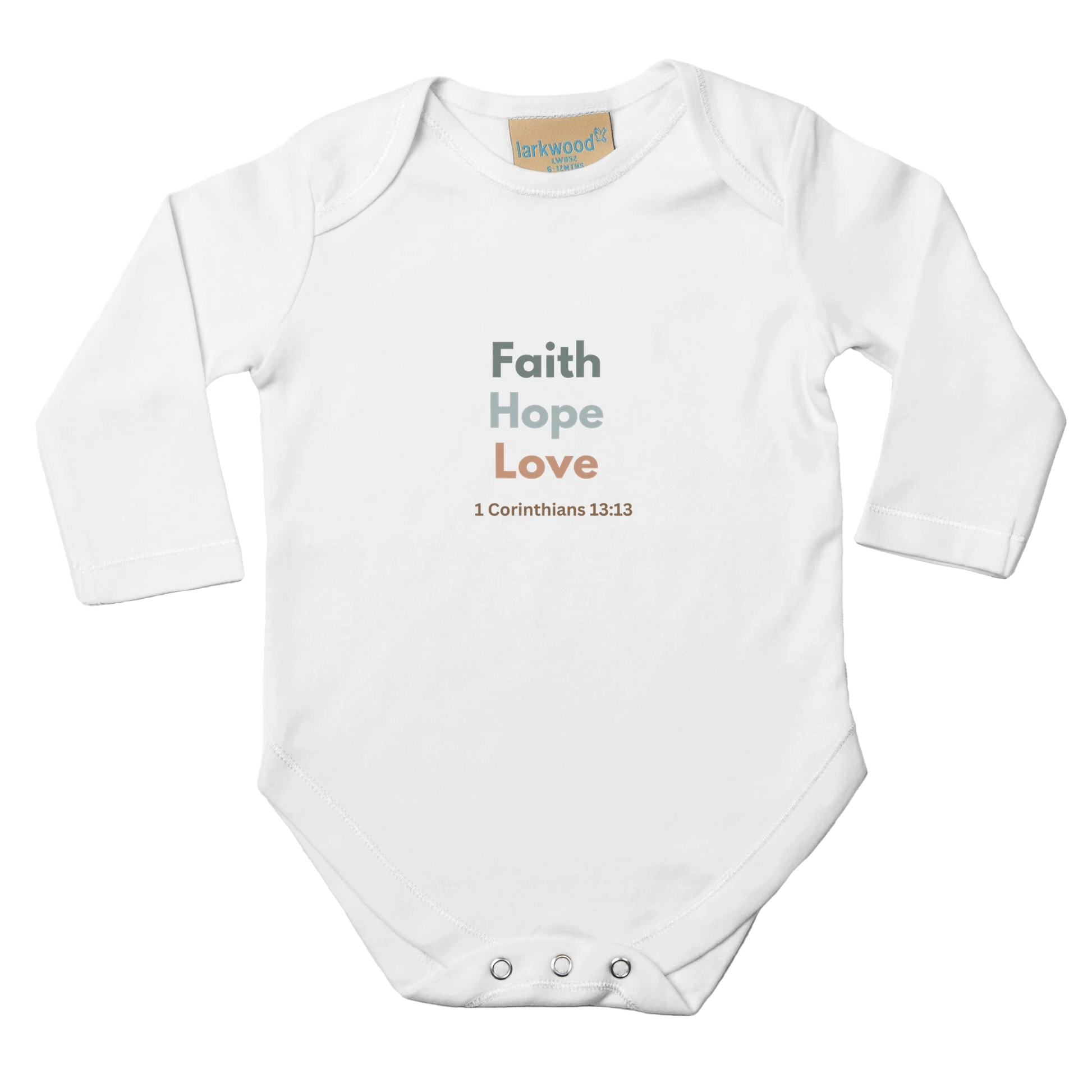 Faith Hope Love Classic Baby Long Sleeve Bodysuit White 100% Cotton - MountZionGifts