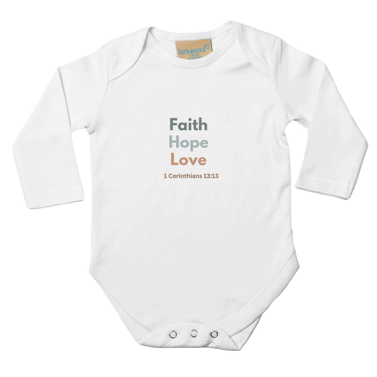 Faith Hope Love Classic Baby Long Sleeve Bodysuit White 100% Cotton - MountZionGifts