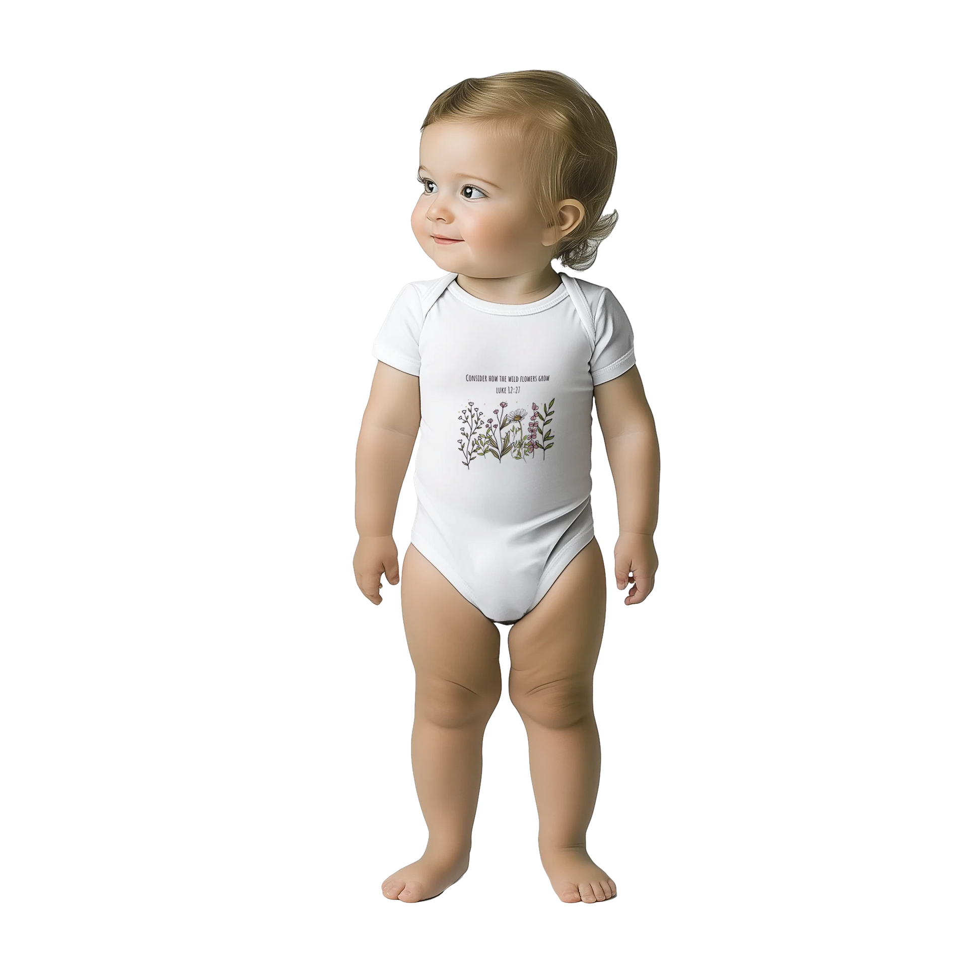 Luke 12:27 Consider the Wildflowers Classic Baby Short Sleeve Bodysuit - MountZionGifts