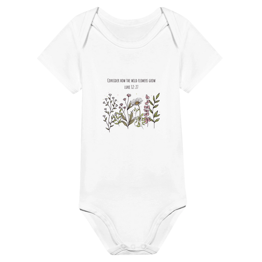Luke 12:27 Consider the Wildflowers Classic Baby Short Sleeve Bodysuit - MountZionGifts