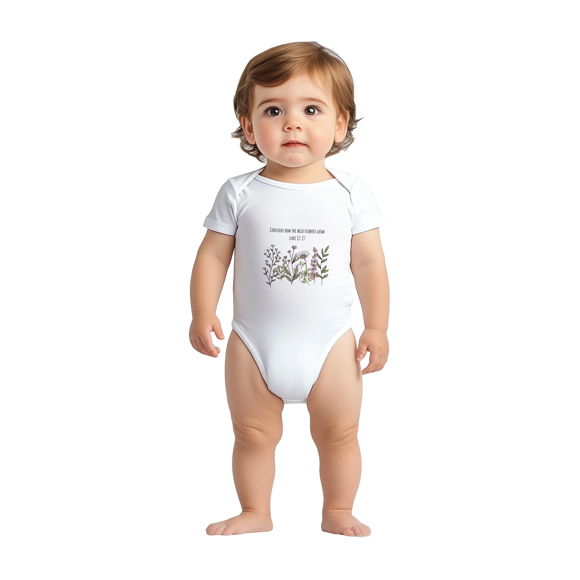 Luke 12:27 Consider the Wildflowers Classic Baby Short Sleeve Bodysuit - MountZionGifts