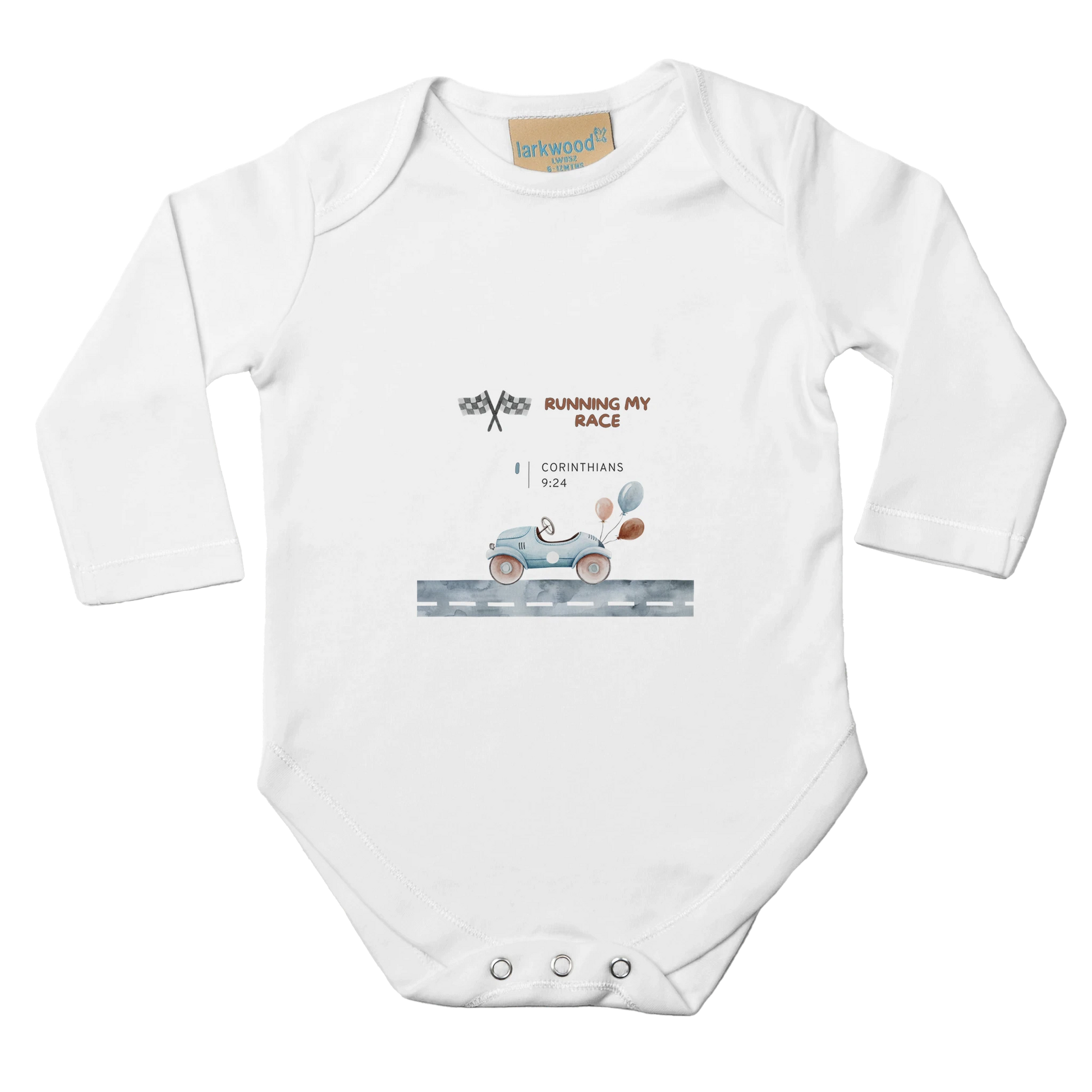 White Running My Race Classic Baby Long Sleeve Bodysuit 100% Cotton - MountZionGifts