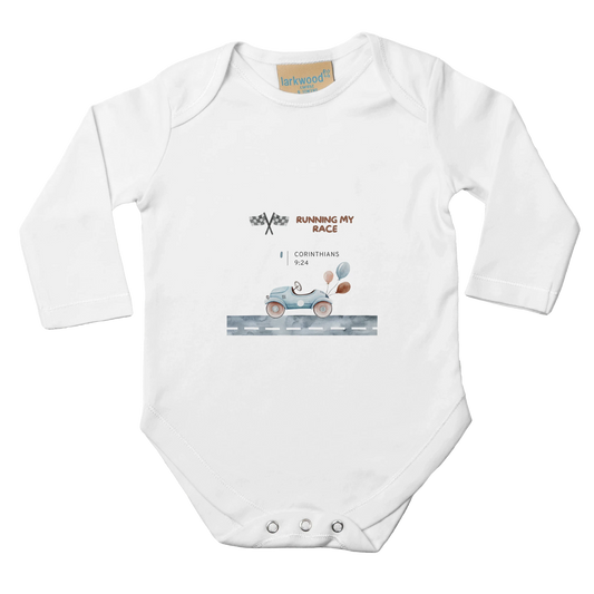 White Running My Race Classic Baby Long Sleeve Bodysuit 100% Cotton - MountZionGifts