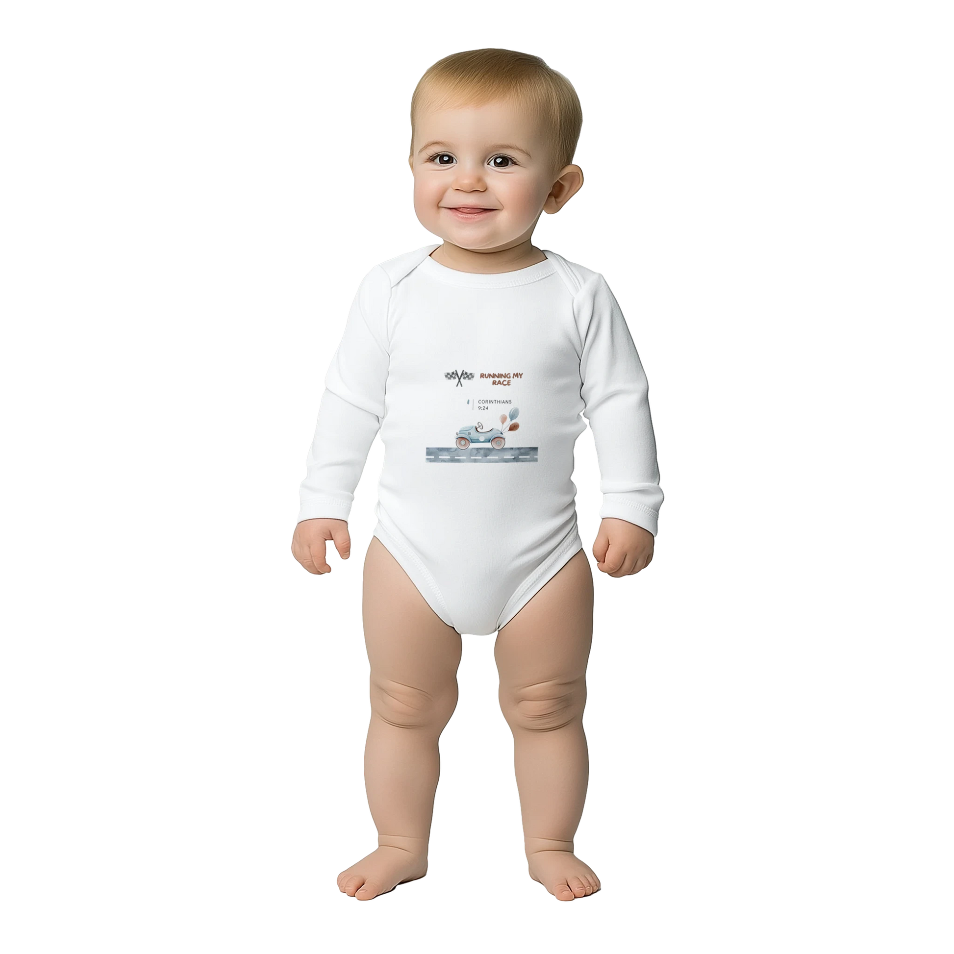 White Running My Race Classic Baby Long Sleeve Bodysuit 100% Cotton - MountZionGifts